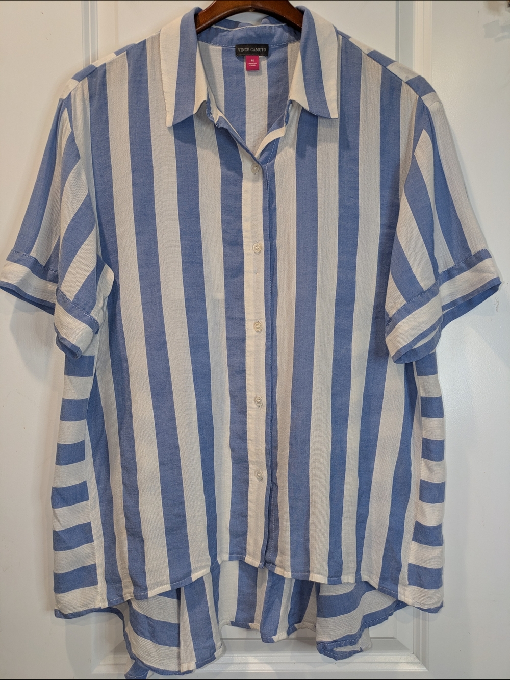 Vince Camuto Blue White Striped Button Front Blouse Women Medium Hi Low Hem Top